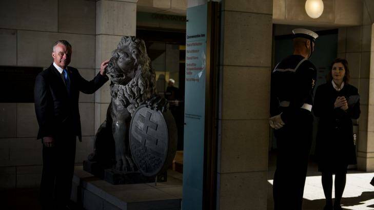 Back to Belgium: War Memorial director Brendan Nelson with the lion sculptures from Menin Gate. Photo: Jay Cronan