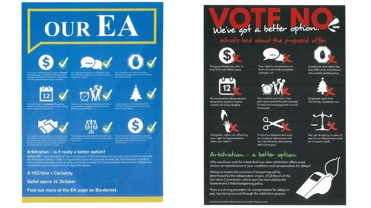The for and against posters for the Department of Immigration EBA vote. Photo: Supplied
