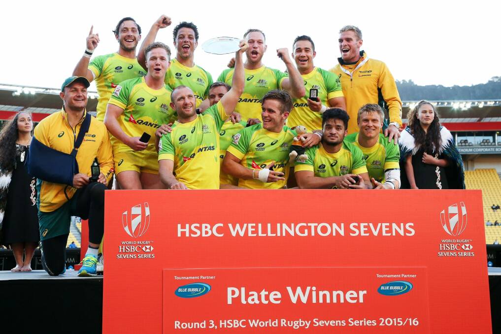 Success on a plate: Australia won the plate final of the Wellington Sevens last weekend. Photo: Hagen Hopkins