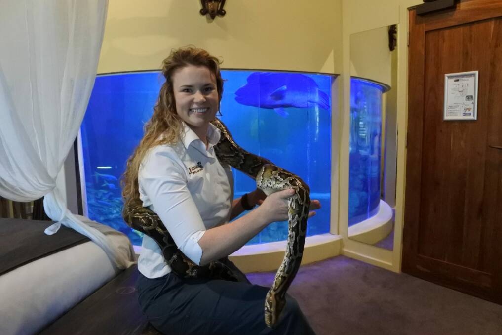 The Jamala Wildlife Lodge at the National Zoo and Aquarium celebrates its second birthday. Operations manager Renee Osterloh with Bernie the Burmese python. Photo: Clare Sibthorpe