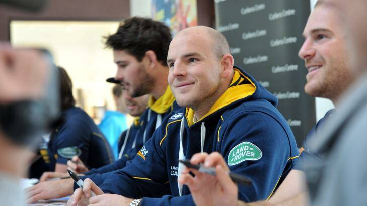 Stephen Moore at a Brumbies fan session at the Canberra Centre on Wednesday. Photo: Graham Tidy