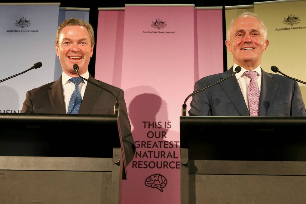 Christopher Pyne and Malcolm Turnbull reveal their innovation plans. Photo: Alex Ellinghausen