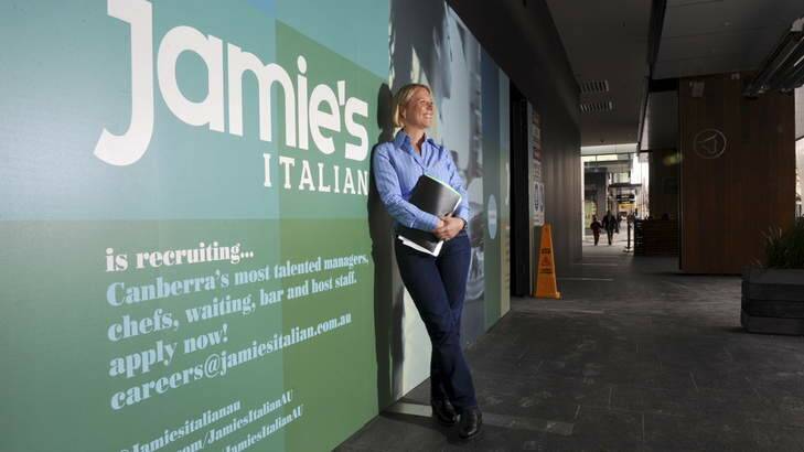 General manager of Jamie's Italian, Karen Westfield, out the front of the premises in Bunda Street, Canberra City, which is being refitted for Jamie Oliver's new restaurant. Photo: Graham Tidy