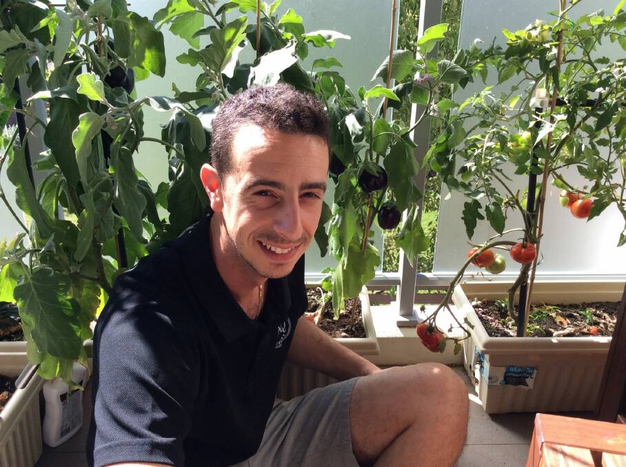 Dario Campagna with homegrown vegetables on his balcony in Phillip. Photo: Susan Parsons
