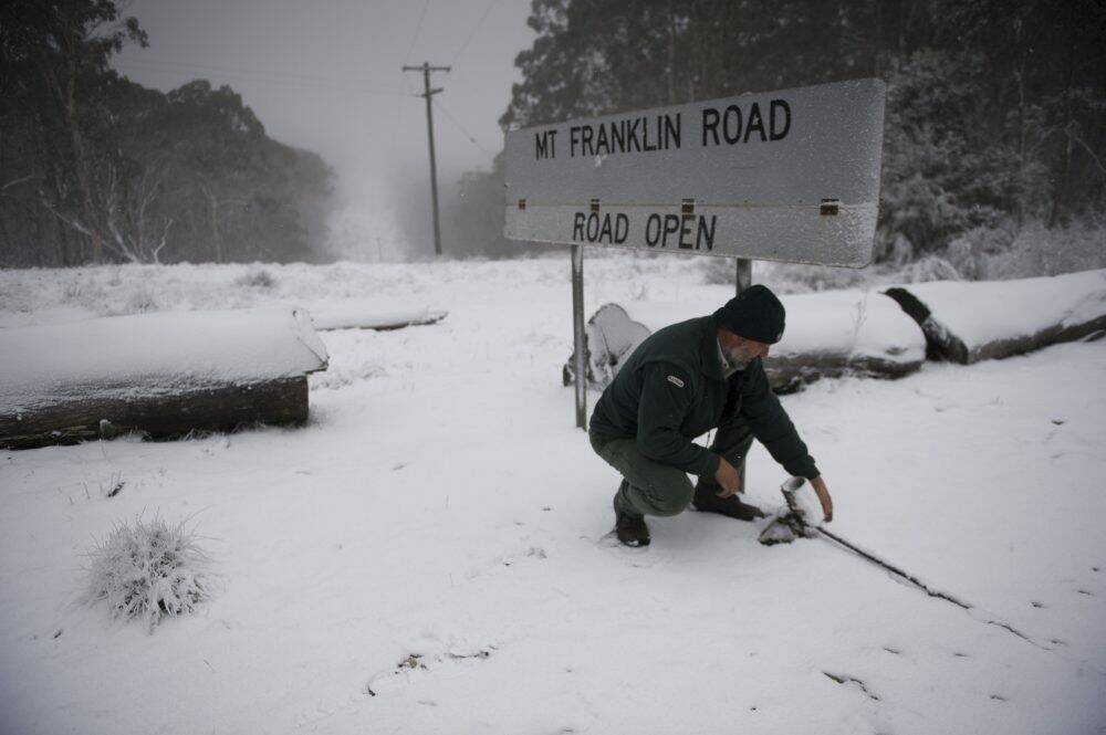 Near blizzard conditions while closing roads along Mount Franklin Road heading to Bulls Head Picnic area in Namadgi National Park with ACT parks Senior Ranger Darren Roso.
 Photo: Jay Cronan