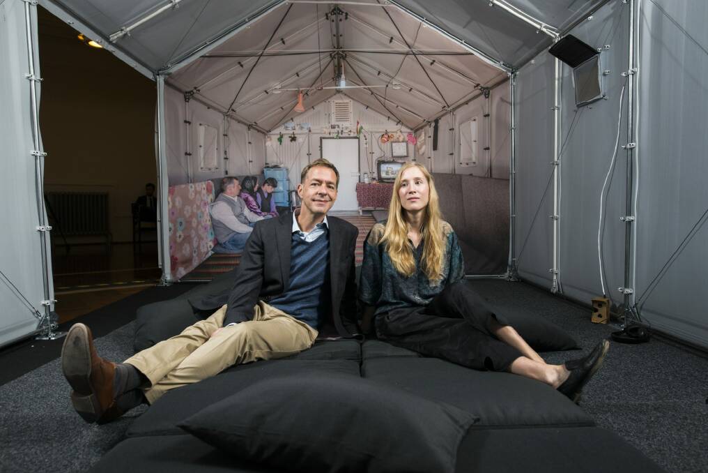 Ikea Foundation's Jonathan Spampinato with Better Shelter's Marta Terne inside the shelter that will be on display at Floriade.  Photo: Rohan Thomson