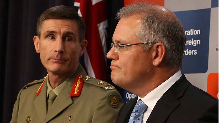 Lieutenant-General Angus Campbell and Immigration Minister Scott Morrison during an Operation Sovereign Borders briefing in Canberra on Wednesday. Photo: Andrew Meares