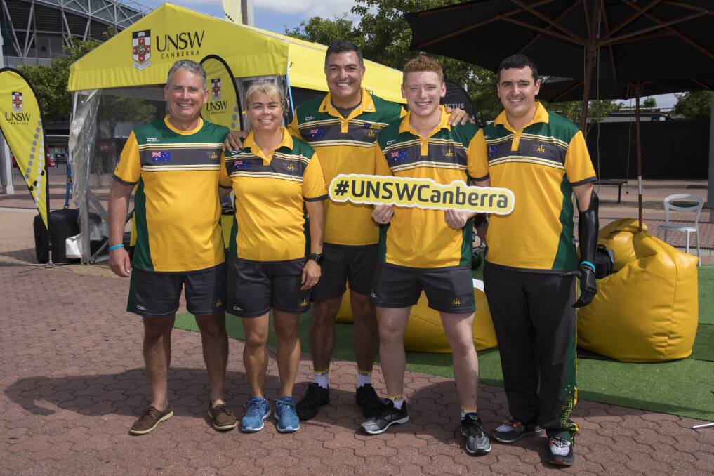 UNSW Canberra graduates and 2018 Invictus Games competitors Rob Saunders, Nicki Bradley, Ben Farinazzo, Jesse Costelloe and Nathan Parker in Sydney. Photo: Michelle Kroll, UNSW Canberra