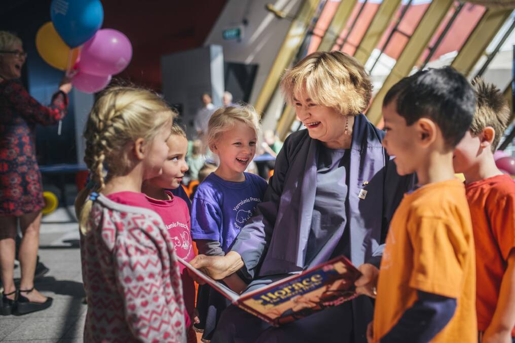 Author Jackie French with Yarralumla Pre-school students Amalia Speight, Lily Christian, Oliver Sear, Jemima McKay, Callum Sear and Airman Arifin at the launch of her new book, Horace the Bakers Horse at the National Museum of Australia.
 Photo: Rohan Thomson
