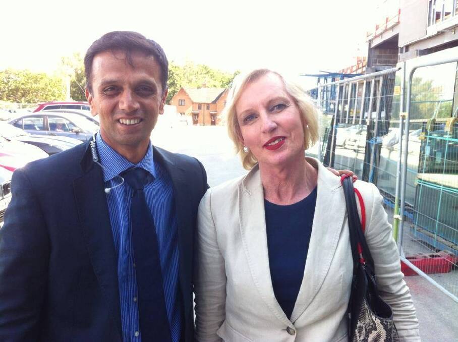 Catherine McGregor with Indian batting master Rahul Dravid in July 2014.  Photo: Supplied
