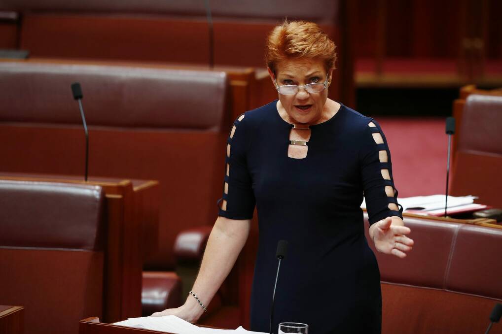Pauline Hanson says she won't vote for any legislation until the government resolves a dispute over sugarcane. 
 Photo: Alex Ellinghausen