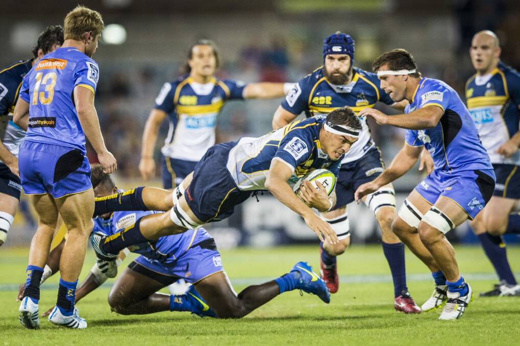 Brumbies lock Rory Arnold scores his first Super Rugby try. Photo: Matt Bedford