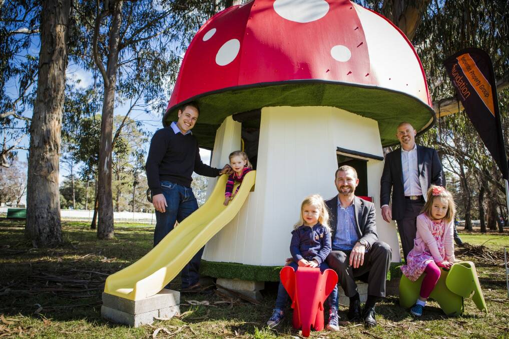 The ''Hindmush'' with, from left, Matthew Oliver, with his daughter Amelia, 2, Rob Speight with his daughter Amalia, 3, and Brett Smith and Ava Holcroft, 7. Photo: Jamila Toderas