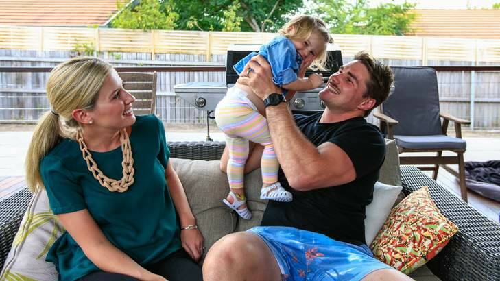 Ben Mowen with wife Lauren and 18-month-old daughter Eleanor. Photo: Katherine Griffiths