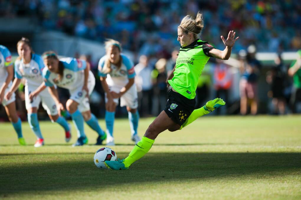 Multitalented: Ellie Brush scores a penalty for Canberra United in the W-League. Photo: Elesa Kurtz