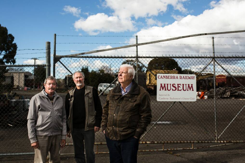 Historic artifacts from Canberra's railway museum will be auctioned off to pay off creditors of the ACT division of the Australian Railway Historical Society. Concerned citizins (from left) Paul Gillespie, Gavin Young, and John Davenport believe Canberra is going to lose a significant amount of heritage and history in the fire sale. Photo: Jamila Toderas