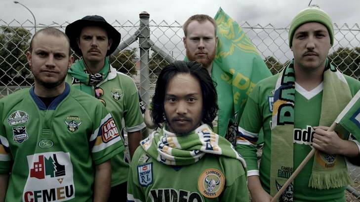 A screen shot from the NRL You're the Difference ad with Raiders fans Mat Casey and Stephen O'Rourke ( at the back) and Anthony "Bud'' Costello, Robbie Manzano and Josh Ryan in front. Photo: Supplied by NRL