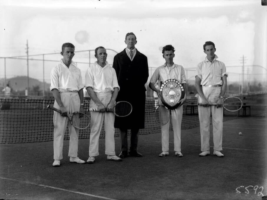 Early Canberra tennis champions at the Manuka Tennis Courts with Sir Robert Garran (in the suit). From the National Archives' Mildenhall Collection. Photo: act\ian.warden