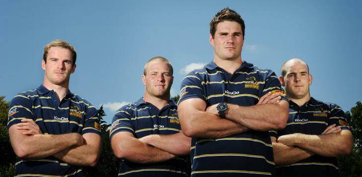 Newly announced ACT Brumbies captain (front) Ben Mowen, and vice captains (back) Pat McCabe, Dan Palmer, and Stephen Moore. Photo: Rohan Thomson RTT