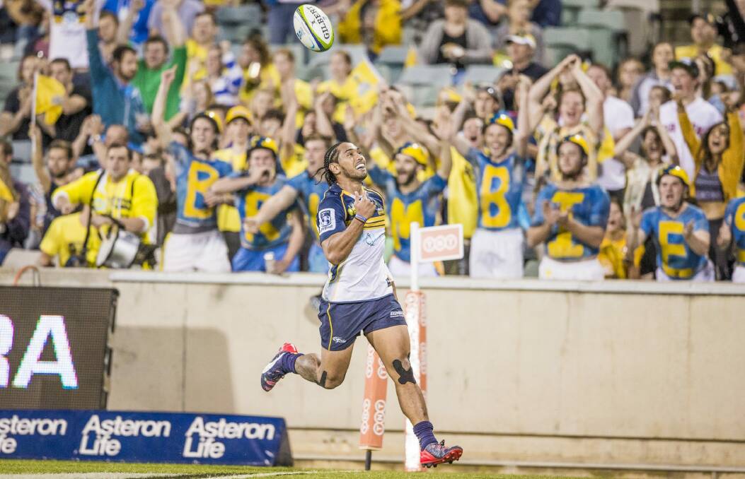 Joe Tomane scores for the Brumbies in round one at Canberra Stadium. Photo: Matt Bedford