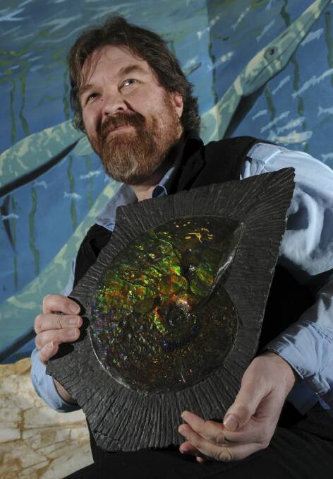 This ammonite  features bite marks from a Mosasaur, possibly a Tylosaurus. It was found in Canada. Holding it is education manager at the museum, Phil Hore. Photo: Graham Tidy
