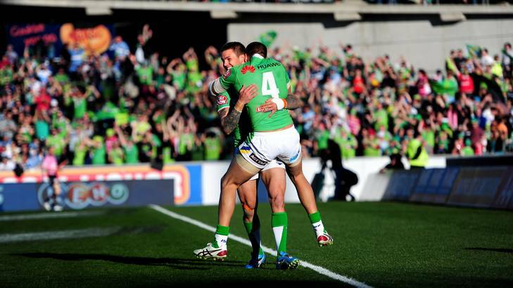 Images like this one, with Sandor Earl celebrating a Raiders try in the 2012 NRL finals series, will be hard to find on television in 2013 if you're a Raiders fan. The Raiders are expected to only receive one free to air match in the first 20 rounds of the competition. Photo: Melissa Adams
