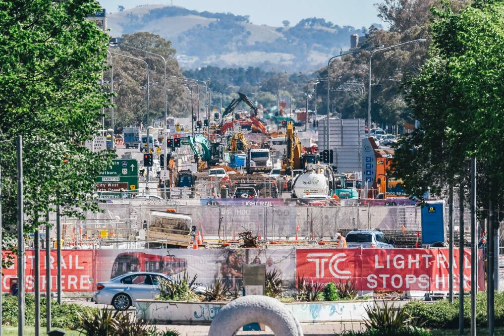 The view of light rail works up Northbourne Avenue from City Hill. The stage one light rail corridor would be transformed under a new urban renewal strategy release by the National Capital Authority and the ACT government.  Photo: Rohan Thomson