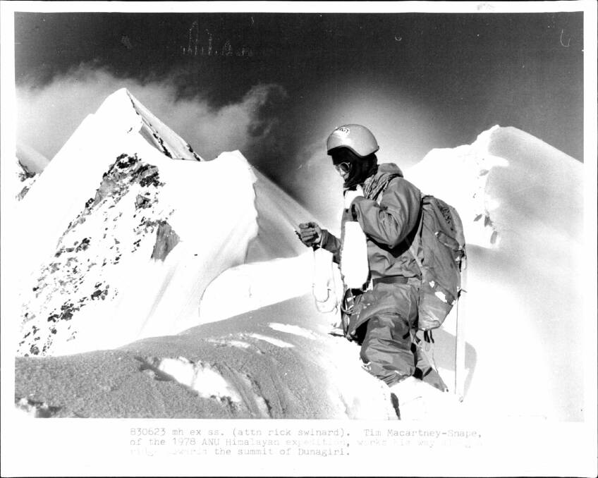 Tim Macartney-Snape, of the 1978 ANU Himalayan expedition, works his way along ridge towards the summit of Dunagiri. 