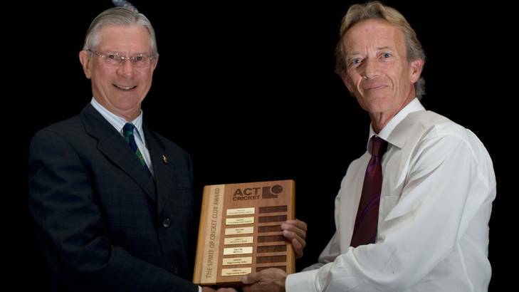 Tuggeranong Valley Cricket Club president Glenn Thornton, right, accepting the Lords Taverners Spirit of Cricket Award on behalf of TVCC from Lords Taverners president Rick Forster, left, at the 2009-10 ACT grade cricket awards dinner.  He died of a heart attack on field during a fourth-grade game.