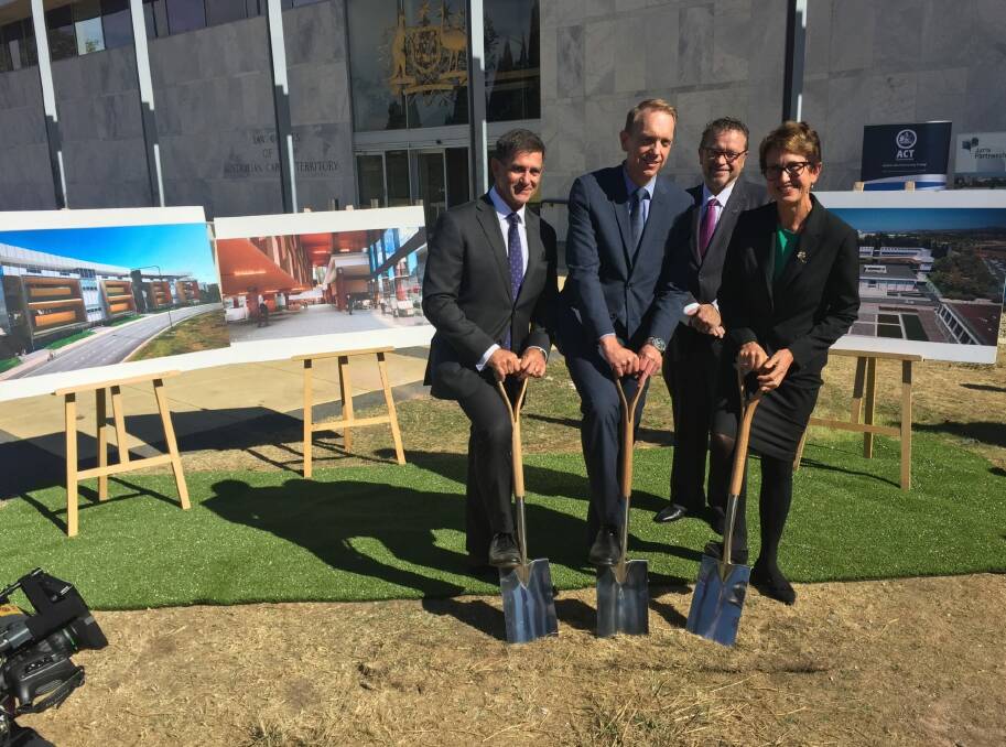  At the sod-turning ceremony are the general manager of Juris Partnership, David Lovell, left, Attorney-General Simon Corbell, Jayson Hinder MLA, and ACT Supreme Court Chief Justice Helen Murrell.
 
 Photo: Supplied