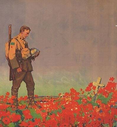 A World War I soldier in a poppy field.