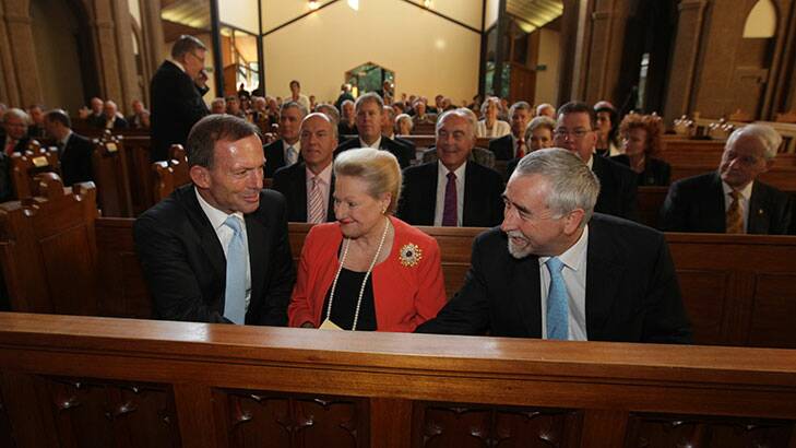 Opposition Leader Tony Abbott with Liberal MP Bronwyn Bishop and ACT Senator Gary Humphries. Photo: Alex Ellinghausen
