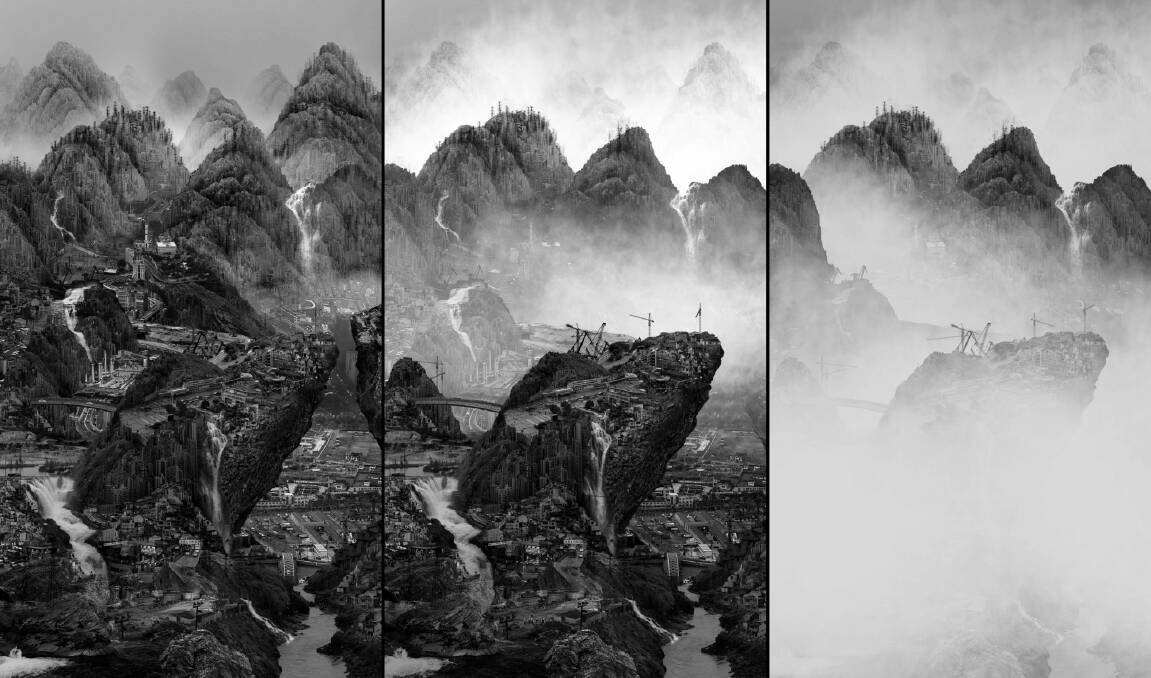 Stills from Yang Yongliang's video Rising Mist showing city scenes merged into Chinese mountains gradually dissolving to white as pollution takes over. Photo: Supplied