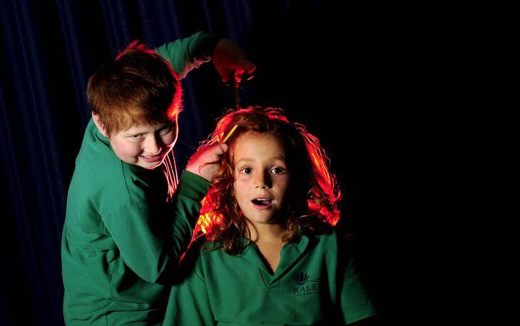 Elijah Arranz, 10, will sacrifice his flowing ginger locks for Kaleen Primary School classmate and fellow redhead Chris Nell, 11. Photo: Stuart Walmsley