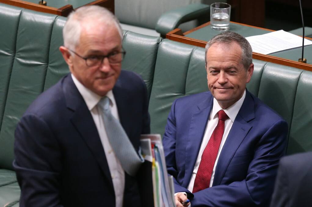 Malcolm Turnbull and Bill Shorten during a vote that Barnaby Joyce no longer be heard during question time. Photo: Andrew Meares