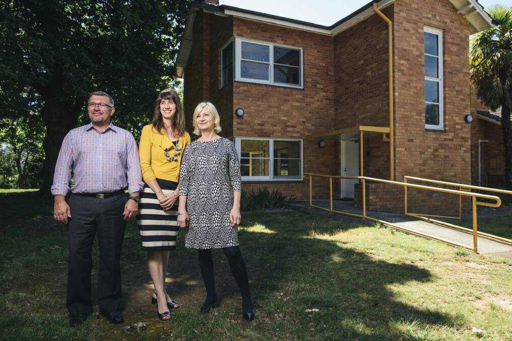 Dan Stewart, Elisabeth Judd and Annabelle Pegrum, of Elton Consulting, outside their new office in Acton.  Photo: Rohan Thomson