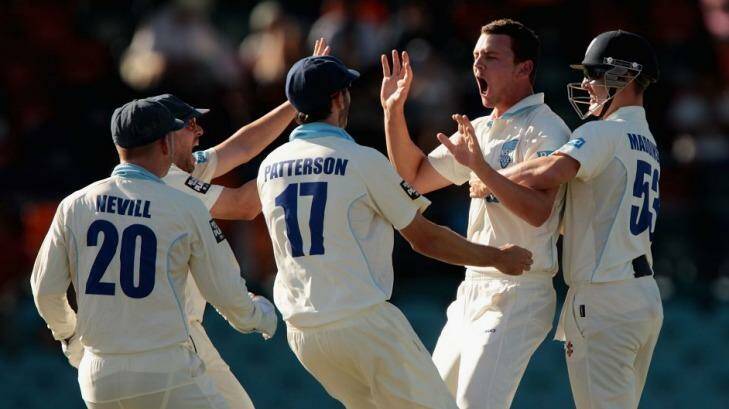 Josh Hazlewood, second from right, celebrates one of his three wickets.