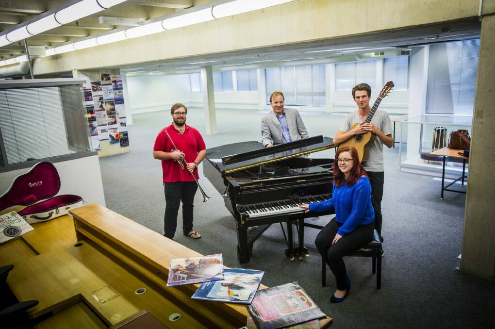 The ANU School of Music will get a $1 million facelift. Head of the school Peter Tregear,  centre, is pictured with students (from left) Conagh McMahon-Hogan, 21, Hannah Bragg, 22 and Cal Henshaw, 24. Photo: Jamis Toderas
