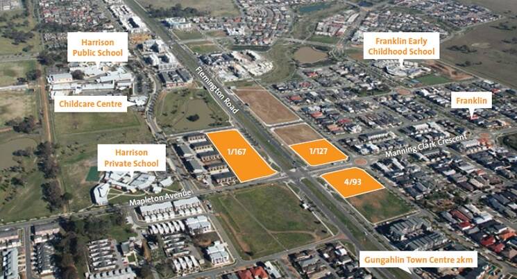 Flemington Road sites sold for almost $16 million on Wednesday, including these three multi-use blocks. Photo: Supplied