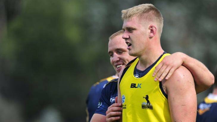That's the shot: Tom Staniforth, right, with Ben Alexander at training.  Photo: Jeffrey Chan