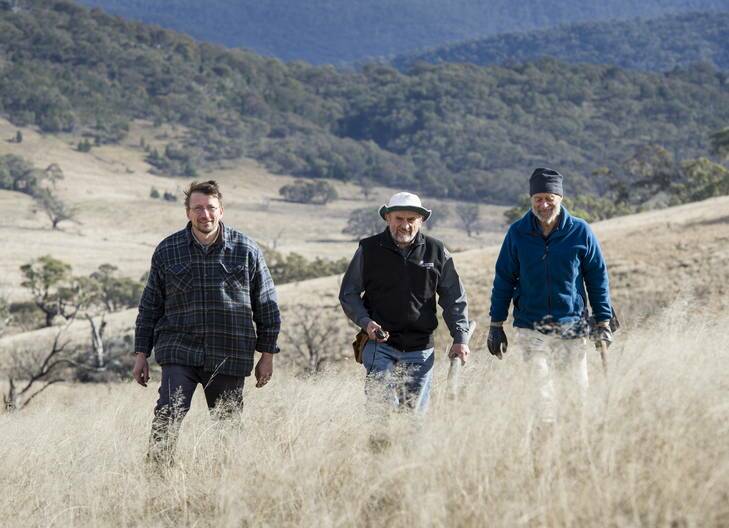 Reserve manager, Peter Saunders, Peter Gloag of Sydney, and Glen Bryden of Canberra at the Scottsdale reserve near Bredbo. Photo: Rohan Thomson