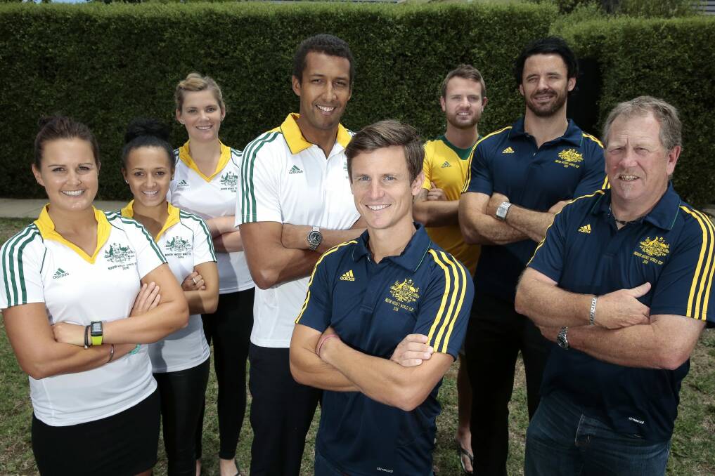 Canberra players front, Paul MacKinnon, rear from left, Shelley Watson, Kizziah Plumb, Peta Sutherland, Seyi Onitiri, Gary Backhus, Matthew Hotchkis with team manager Brent Deans have been selected to represent Australia at the FIH Indoor Hockey World Cup Germany. Photo: Jeffrey Chan