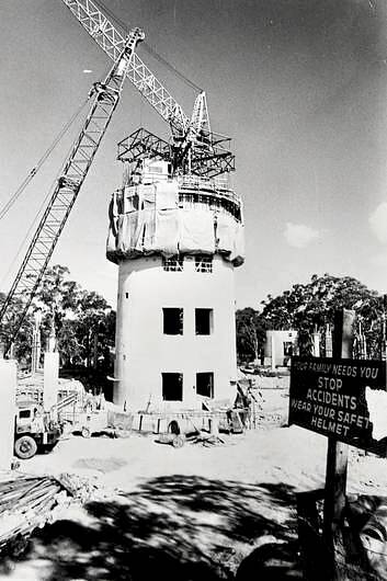 Construction of Black Mountain tower rising above the treeline, September 13, 1974. Photo: Canberra Times archives