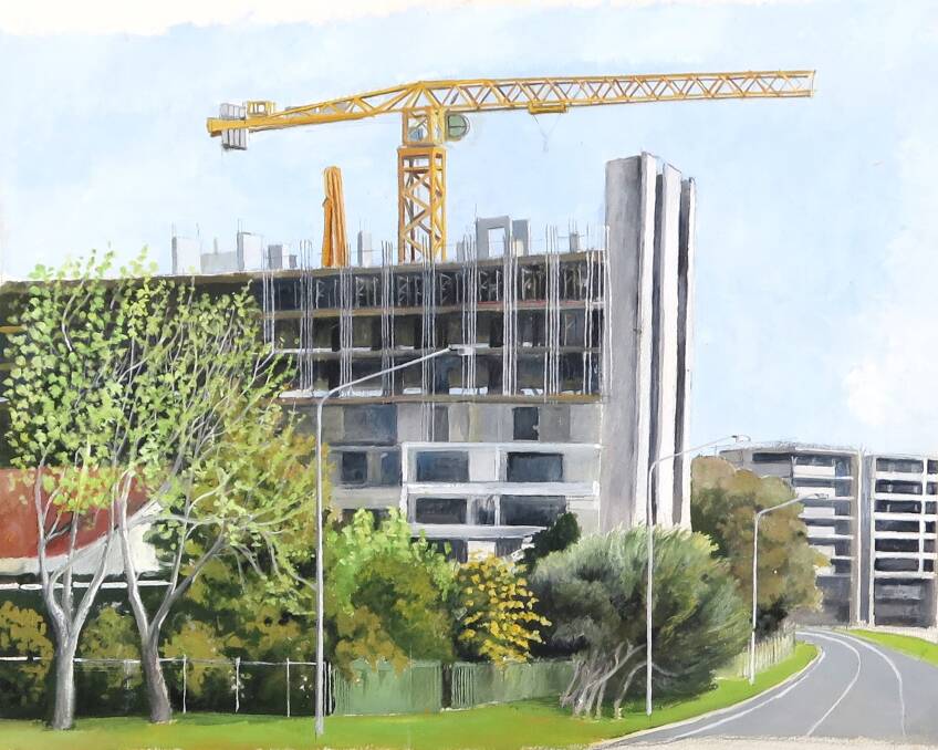 Construction in Woden another painting by Christopher Oates in his exhibition Infrastructure. Photo: Supplied