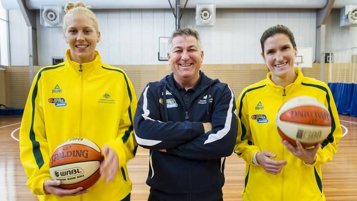 New Opals coach Brendan Joyce with players Abbey Bishop, left, and Belinda Snell, right. Photo: Rohan Thomson