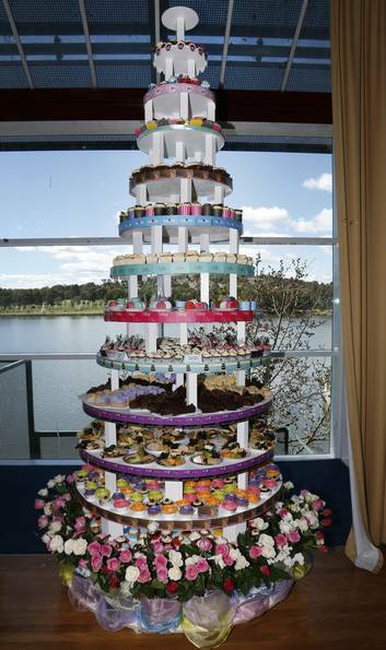 The 3.5 metre cake stand at the High Tea for Habitat at the Tuggeranong Community Centre Lake View Ballroom. Photo: Jeffrey Chan