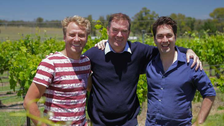 Filmmaker Nathan Earl, left, Murrumbateman winemaker Tim Kirk and Chris Taylor of <i>Chaser</i> fame.