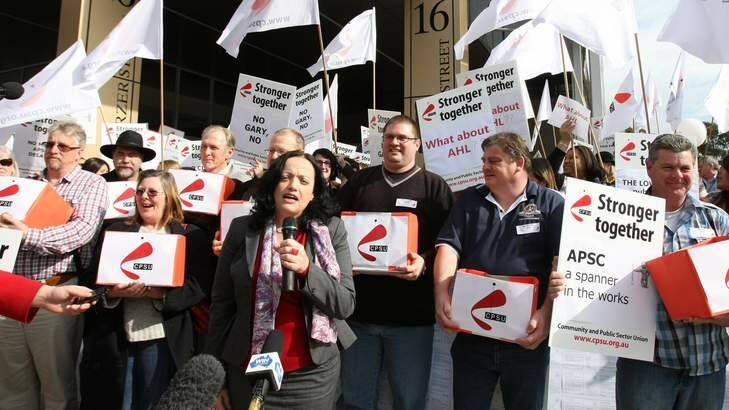 Community and Public Sector Union national secretary Nadine Flood addresses a protest in 2011. Photo: Andrew Sheargold