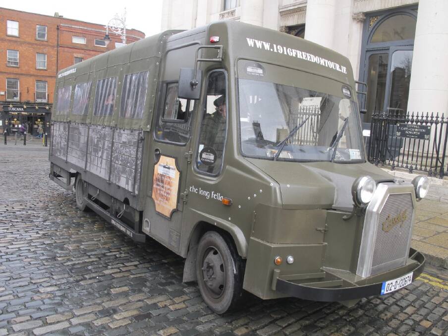 A 1916 Freedom Tour bus parked outside Dublin Castle in February. Photo: Liam Phelan