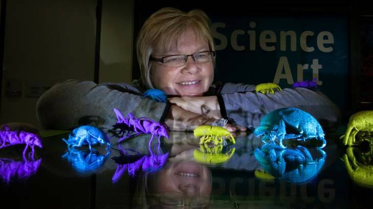 Eleanor Gates-Stuart, CSIRO Science Art Fellow with her titanium 3D bugs. Photo: Katheirne Griffiths